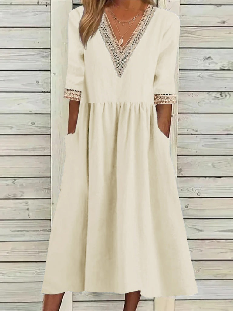 🌈👗【Reducere 50% 🔥】【40-90 kg】👑 Rochie midi de damă din bumbac și in, cu guler din dantelă, în mărimi mai mari