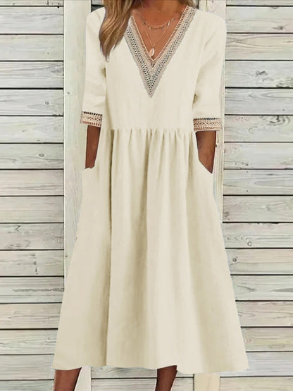 🌈👗【Reducere 50% 🔥】【40-90 kg】👑 Rochie midi de damă din bumbac și in, cu guler din dantelă, în mărimi mai mari