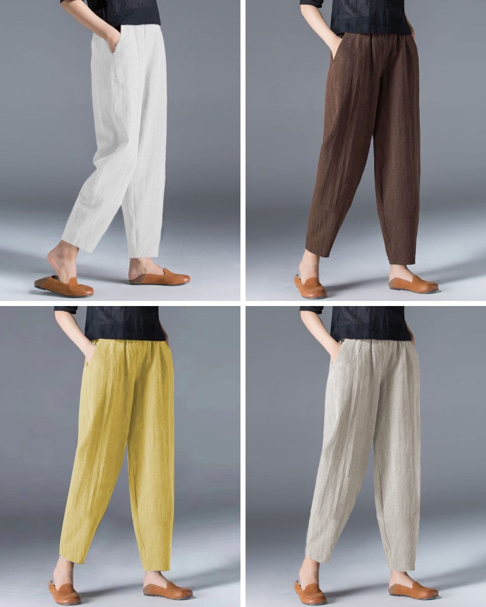 🌿🌿【Kúp 1, získaj 1 zdarma 🔥】【S–5XL】Dámske voľné široké nohavice z bavlny a ľanu vo veľkých veľkostiach