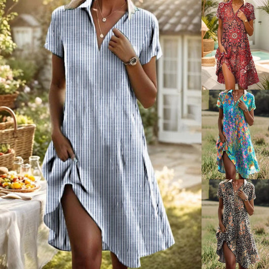 👗【Zľava 50 % ✨✨】Letné nové boho šaty s krátkym rukávom, výstrihom do V a stojatým golierom, s potlačou
