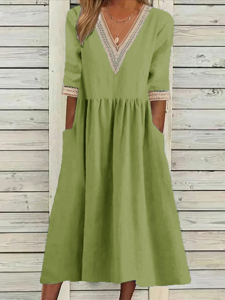 🌈👗【Reducere 50% 🔥】【40-90 kg】👑 Rochie midi de damă din bumbac și in, cu guler din dantelă, în mărimi mai mari
