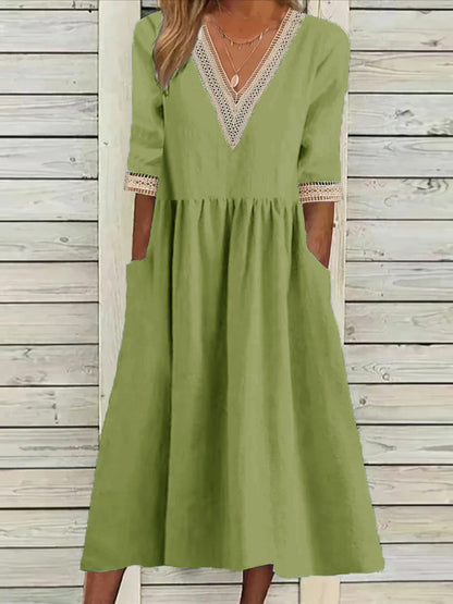 🌈👗【Reducere 50% 🔥】【40-90 kg】👑 Rochie midi de damă din bumbac și in, cu guler din dantelă, în mărimi mai mari