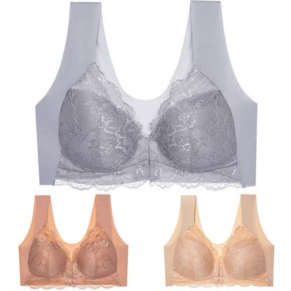 ✨【Compra 2 y llévate 1 gratis】【3 piezas】Sujetador grande con cierre frontal, sin aros, con bonito diseño en la espalda