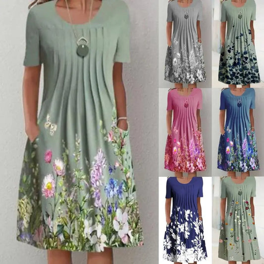 🔥【50 OFF%】🌸🦋Nové dámské šaty s kulatým výstřihem a potiskem（S-3XL）.