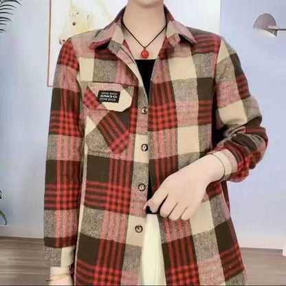🐏Nueva oferta -39%🔥【XL-5XL】Camisa de mujer a cuadros de mezcla de lana, forrada, de tallas grandes con manga larga