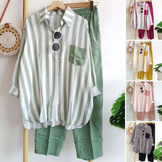 🔥【50%OFF】【S-5XL】 🌸Costum casual din două piese cu dungi de primăvară