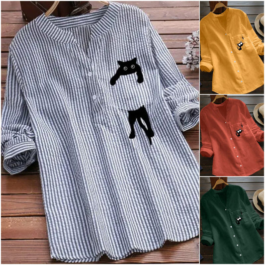 🐾ฅ^•ﻌ•^ฅ🐾【Roztomilé tričko s kočkou】【S-3XL】2023 nová halenka s dlouhým rukávem s potiskem z bavlny a lnu