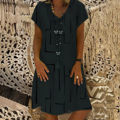 🌲😍【Compra 1 y llévate 1 gratis 🔥🔥】Nuevo vestido de algodón y lino con cuello en V y estampado – Oferta de fin de temporada