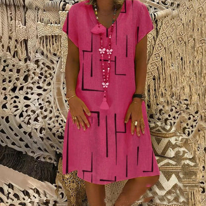 🌲😍【Compra 1 y llévate 1 gratis 🔥🔥】Nuevo vestido de algodón y lino con cuello en V y estampado – Oferta de fin de temporada
