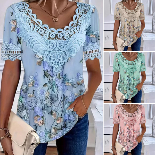 💥【Descuento por nuevo producto -50%】💐 Blusa con encaje estampado y escote en V para mujer