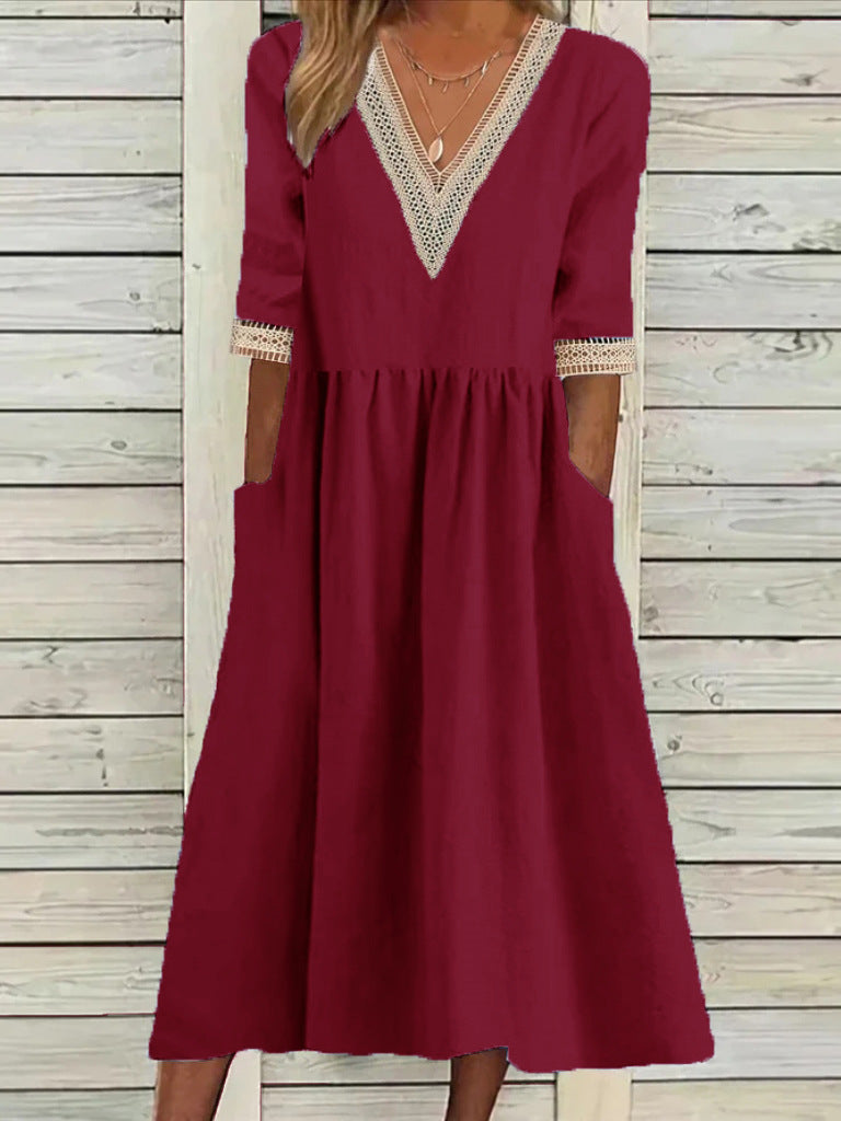 👗【– 50% de descuento 🔥】👑 Vestido midi plus size de algodón y lino con cuello de encaje