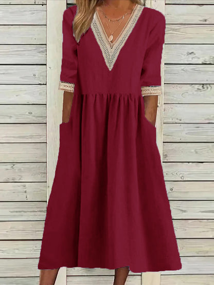 👗【– 50% de descuento 🔥】👑 Vestido midi plus size de algodón y lino con cuello de encaje