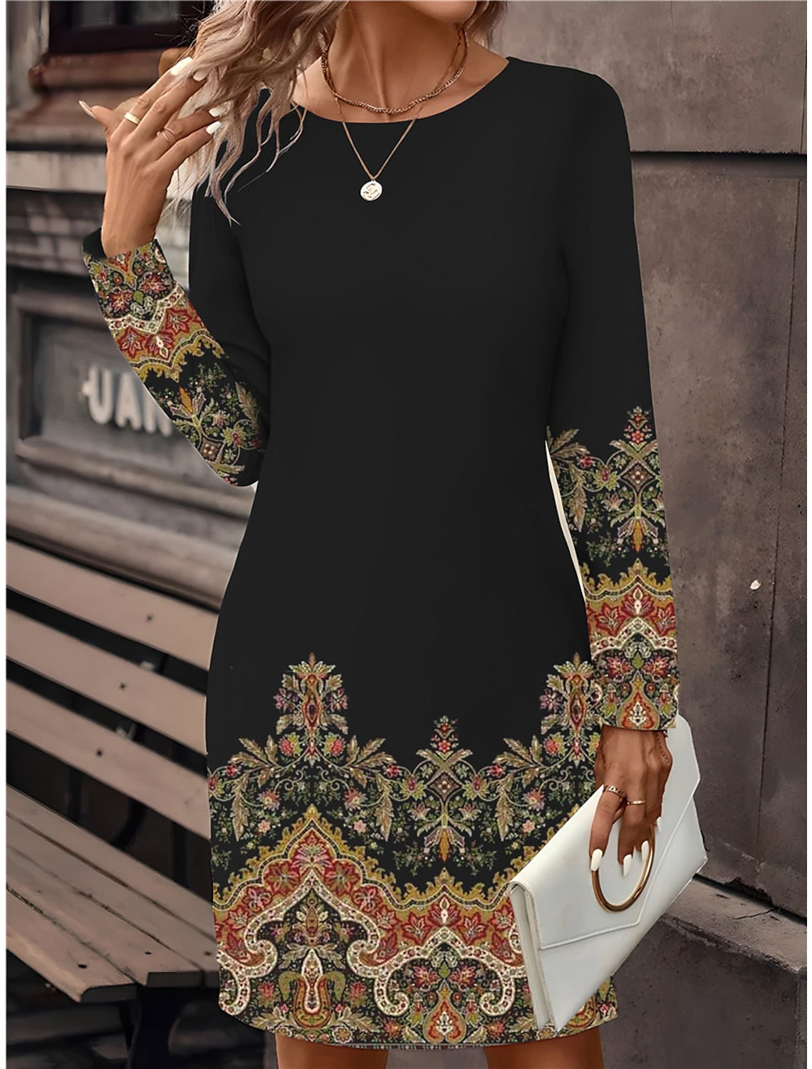 🔥🥰【S-5XL】Nova potiskana obleka z dolgimi rokavi in okroglim izrezom iz leta 2025