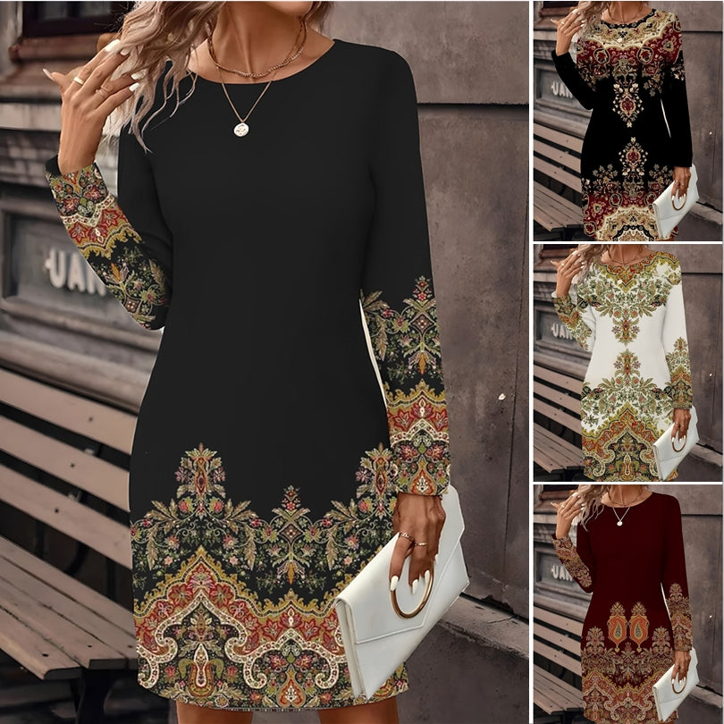 🔥🥰【S-5XL】Nova potiskana obleka z dolgimi rokavi in okroglim izrezom iz leta 2025