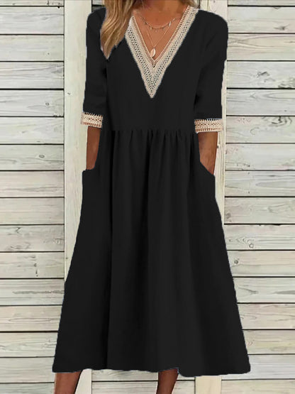 🌈👗【Reducere 50% 🔥】【40-90 kg】👑 Rochie midi de damă din bumbac și in, cu guler din dantelă, în mărimi mai mari