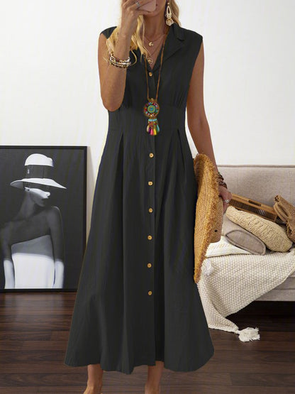 🎀💃【50% de descuento 💥】【S–3XL】Vestido de algodón y lino para mujer plus size, con cuello tipo blazer y botones, ligero y transpirable