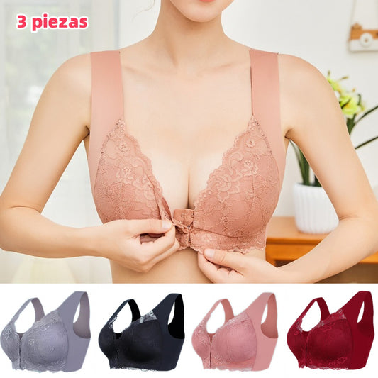 ✨【Compra 2 y llévate 1 gratis】【3 piezas】Sujetador grande con cierre frontal, sin aros, con bonito diseño en la espalda