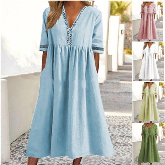 👗【–50% de descuento 🔥】😍 Vestido nuevo con encaje, cuello en V y mangas cortas