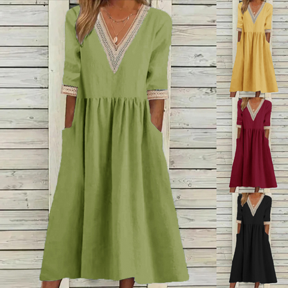 🌈👗【Reducere 50% 🔥】【40-90 kg】👑 Rochie midi de damă din bumbac și in, cu guler din dantelă, în mărimi mai mari