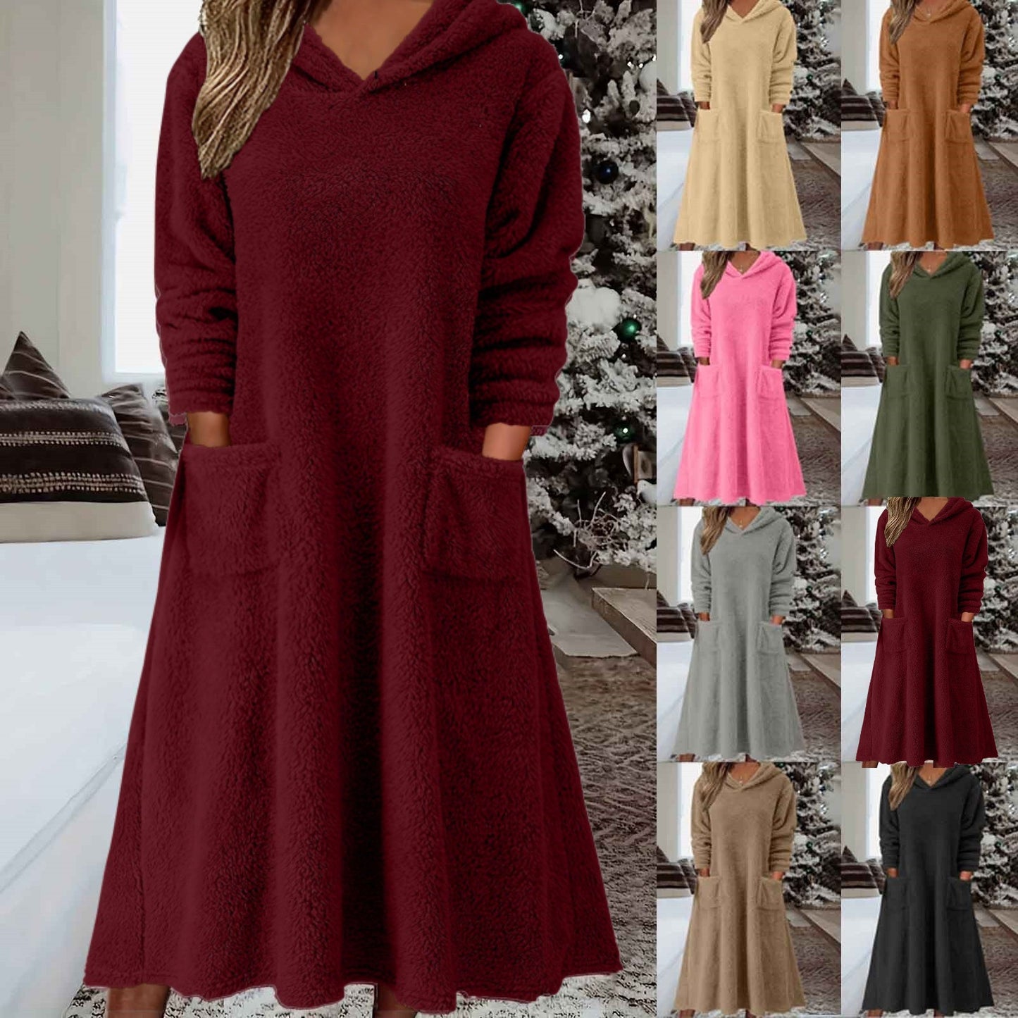 💥【S-3XL】Dámske voľné ležérne fleecové šaty s kapucňou a dlhým rukávom, nové z roku 2025