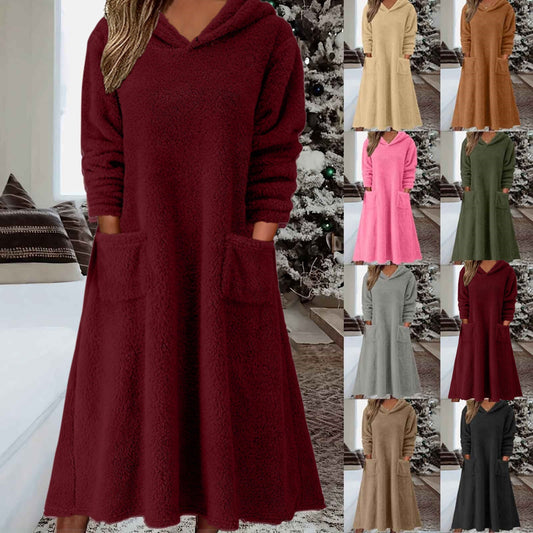 💥【S-3XL】Dámske voľné ležérne fleecové šaty s kapucňou a dlhým rukávom, nové z roku 2025