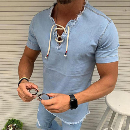 🤠【S–4XL✨】👔 Pánske krátke tričko s šnúrkami z elastického denimu, vo väčších veľkostiach