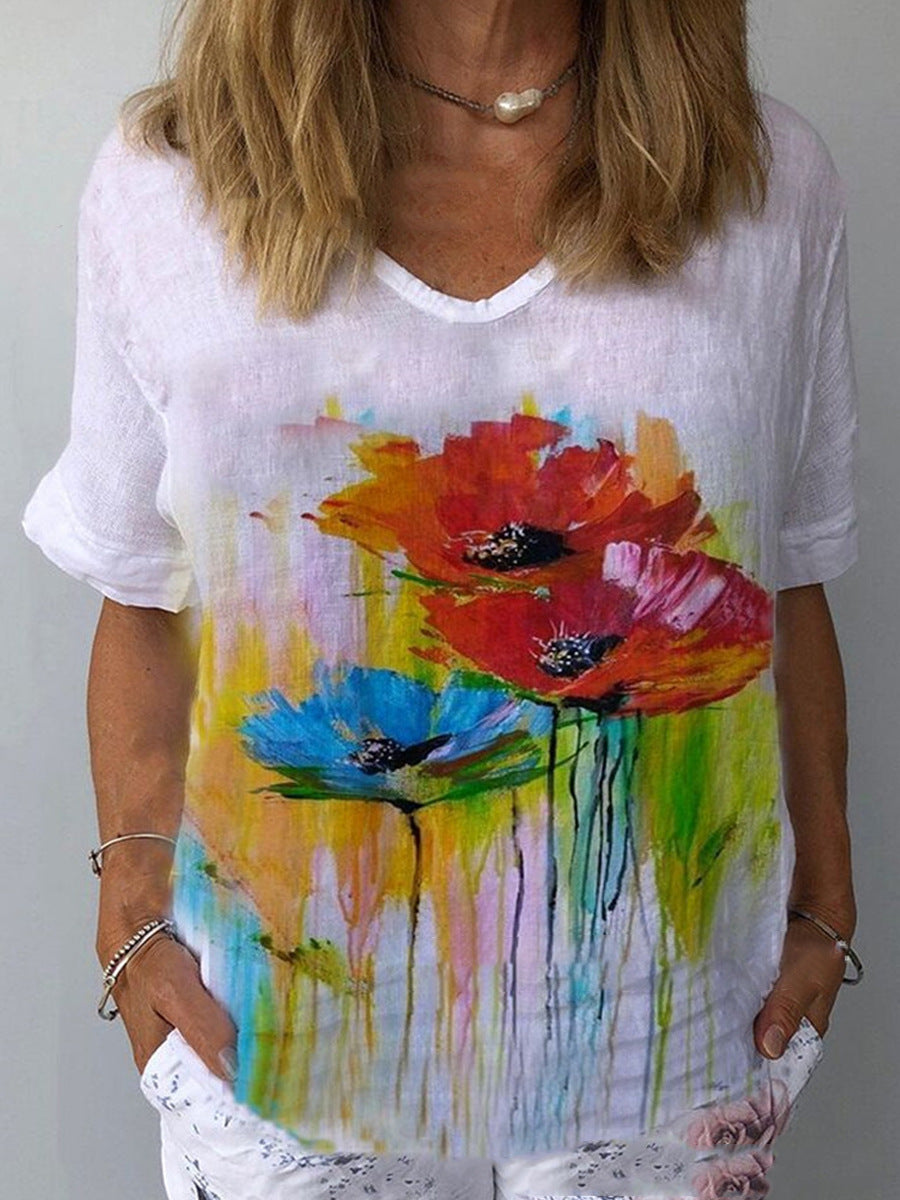 【Kúpte 1 a získajte 1 zadarmo】【S-5XL】🌈 Bavlnené a ľanové tričko s krátkym rukávom s kvetinovou potlačou💐