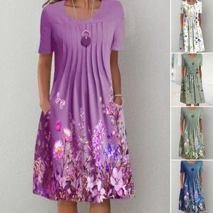 🔥【50 OFF%】🌸🦋Nové dámské šaty s kulatým výstřihem a potiskem（S-3XL）.