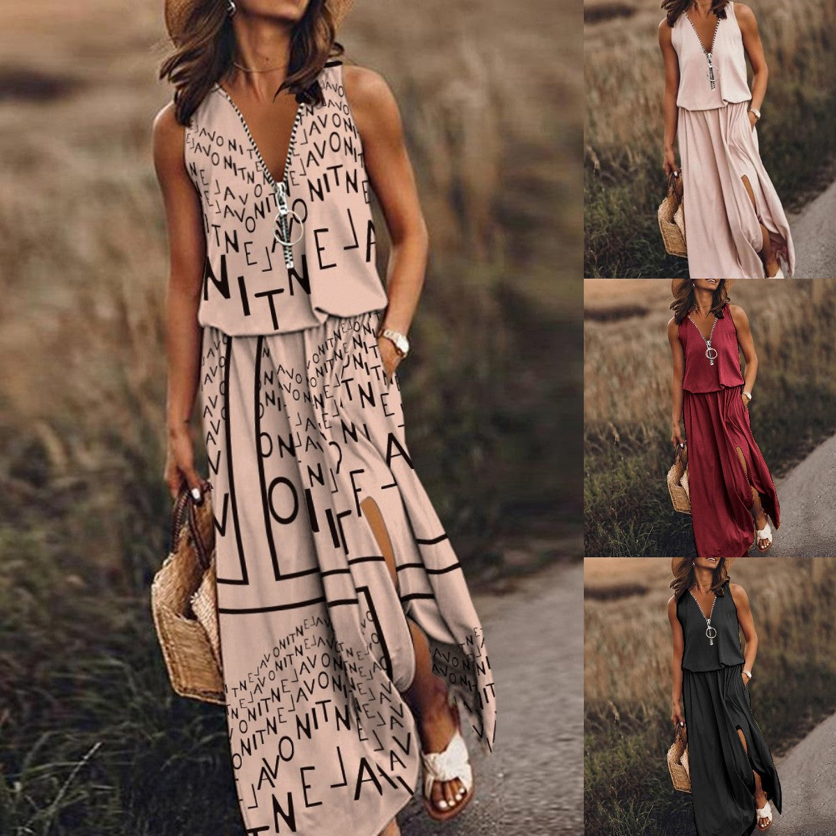 🎁💃【Zľava 50 % 💥】【S–5XL】Nové dlhé ležérne šaty bez rukávov s potlačou, priliehavým strihom a zipsom