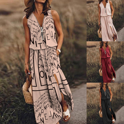 🎁💃【Zľava 50 % 💥】【S–5XL】Nové dlhé ležérne šaty bez rukávov s potlačou, priliehavým strihom a zipsom