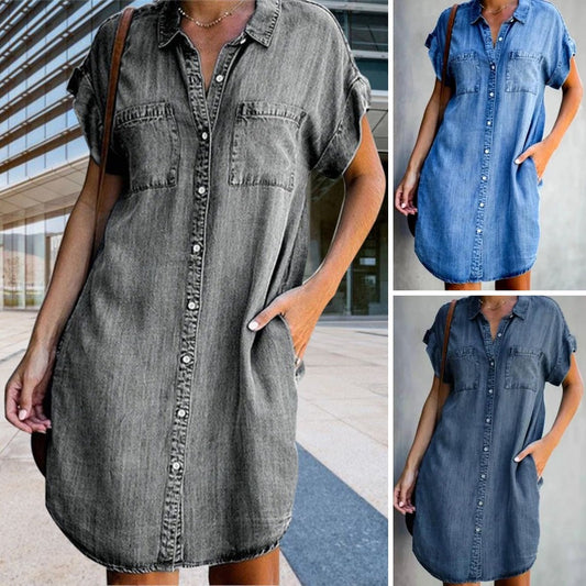 🔥【Reducere 50%】✨😍【S-5XL】Rochie din denim cu mânecă scurtă