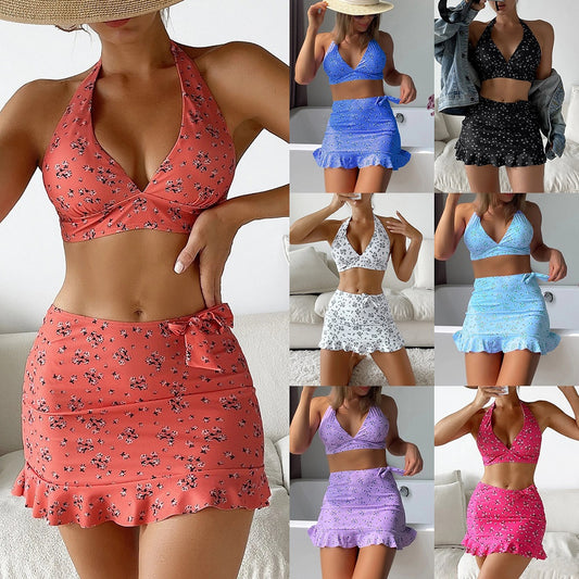 🌼🌼【50% de descuento 🔥】😍 Nuevo traje de baño de tres piezas para mujer con estampado floral y lazo, bikini bicolor