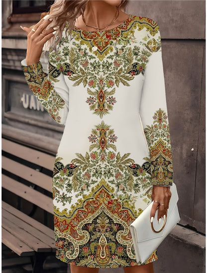 🔥🥰【S-5XL】Nova potiskana obleka z dolgimi rokavi in okroglim izrezom iz leta 2025