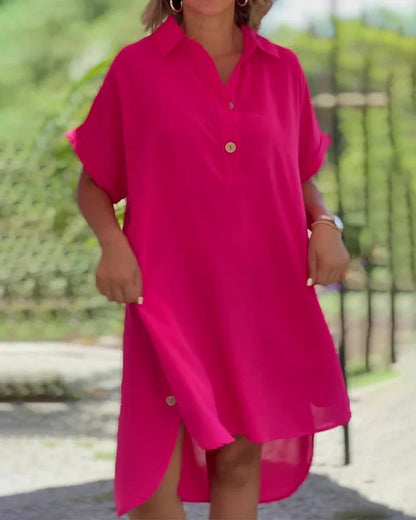 🧡🧡【S–5XL】Dámske jednofarebné dlhé šaty s golierom, gombíkmi a asymetrickým strihom