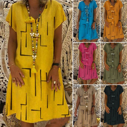 🌲😍【Compra 1 y llévate 1 gratis 🔥🔥】Nuevo vestido de algodón y lino con cuello en V y estampado – Oferta de fin de temporada
