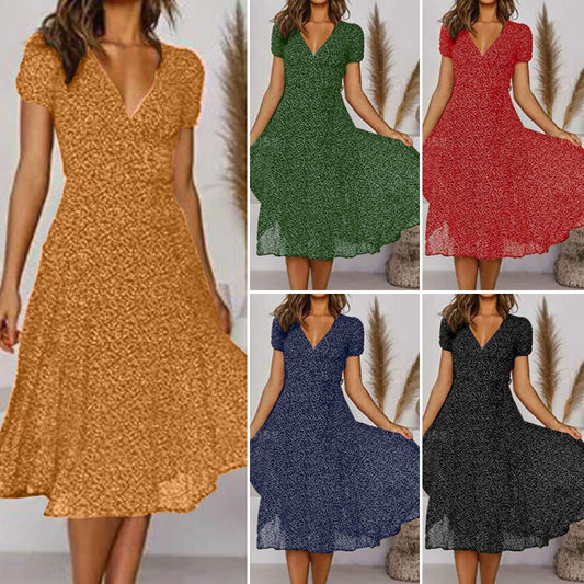 💃✨【Limitovaná zľava】👗Kvetinové šaty s krátkym rukávom a výstrihom do V – Jar/Leto 2025